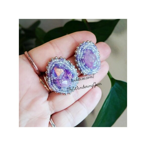 Aura Amethyst Gemstone Beaded Stud Earrings, Purple Boho Statement - Picture 3 of 5